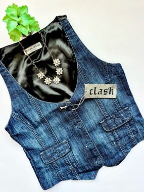 Y2K Tailored Fitted Denim Vest Women’s Clash Jeans Button Front NWT
